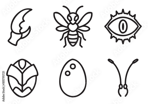 Minimalist black line art icon set featuring various insect and animal elements like a claw, bee, beetle, antennae, and a mystical eye