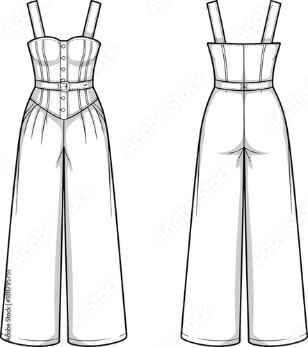 Elegant women’s jumpsuit fashion technical flat, detailed apparel CAD drawing, wide-leg silhouette, belted waist design