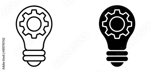 Innovation idea concept with lightbulb and gear icon, representing problem-solving, development, creative thinking, and engineering solutions.