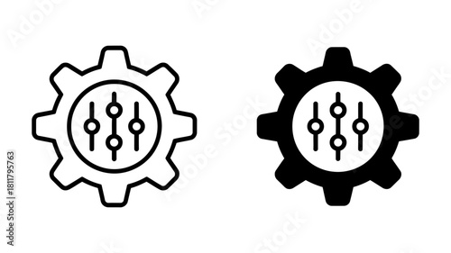 Settings gear icon with vertical sliders for customization and configuration, representing adjustable preferences and control mechanisms.