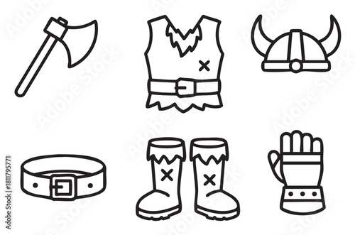 Set of black and white line art icons depicting a viking warrior costume, including a horned helmet, axe, vest, boots, gauntlet, and belt
