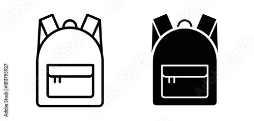 Backpack icon set: minimalist line art and solid glyph versions of a classic school rucksack, ideal for travel, education, and outdoor themes