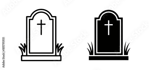 Tombstone vector icon set, black outline and solid silhouette symbols with cross and grass, isolated on transparent background, funeral concept illustration