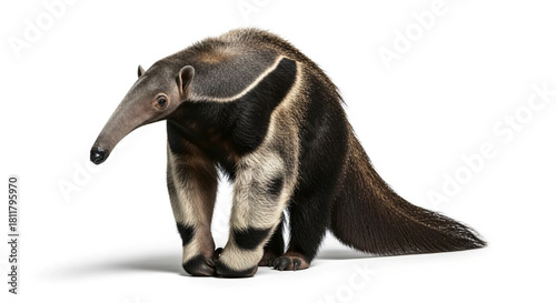 Giant Anteater (Myrmecophaga tridactyla) with Long Fur on Isolated White Background