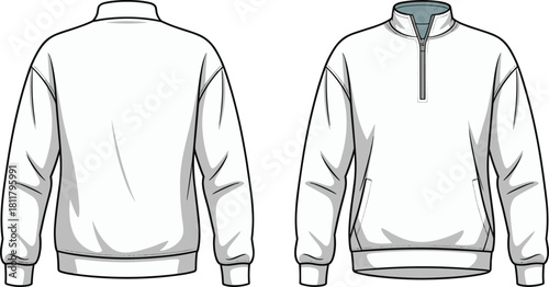 Half zip pullover sweatshirt front and back technical fashion sketch, fleece apparel template with collar and pockets, cad drawing flat vector illustration