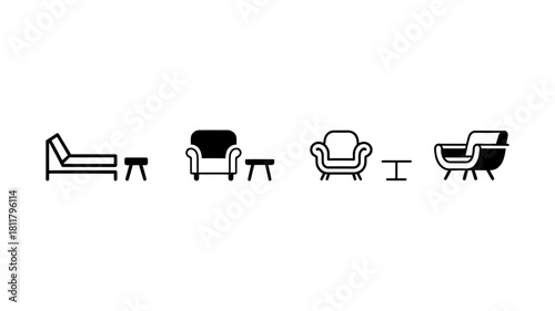 Furniture icon collection: set of modern and classic upholstered chairs, chaise lounge, and side tables for interior design layouts and home staging graphics