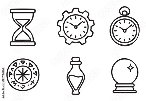 Minimalist collection of black outline icons for magic and time concepts, including an hourglass, gear clock, pocket watch, mystical amulet, potion bottle, and a crystal ball