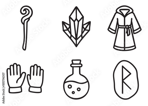 Simple monochrome vector icon set of wizard and sorcerer equipment, including a magical staff, crystal cluster, hooded cloak, gloves, alchemy potion, and ancient rune