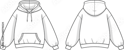 Hoodie, pullover, sweatshirt, fashion, flat, CAD, vector, technical, apparel, garment, template, outline, design, illustration, sewing, pattern, front, back, drawstring, pocket
