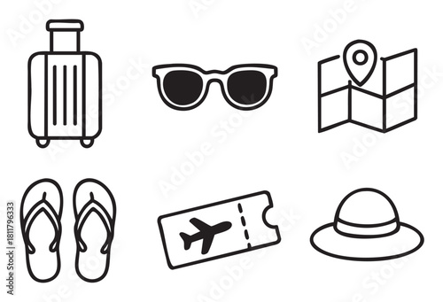 Minimalist black and white icon set for travel and vacation, featuring a suitcase, sunglasses, map, flip-flops, airline ticket, and sun hat