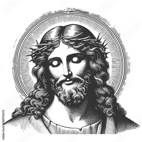 Jesus Christ with a radiant halo and crown of thorns, representing faith, sacrifice, and divinity sketch engraving generative ai fictional character vector illustration. Scratch board. Black and white