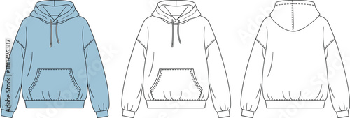 Oversized hoodie fashion template, front and back technical sketch, cozy sweatshirt design, detailed seams, garment illustration for apparel designers, cad drawing flat vector illustration
