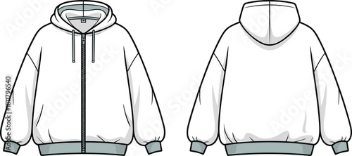 CAD drawing flat vector illustration, oversized hoodie technical sketch with front and back views, fashion apparel template for clothing production design
