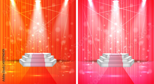Award stage with hexagonal podium, red curtain background, and bright spotlights, perfect for event or celebration