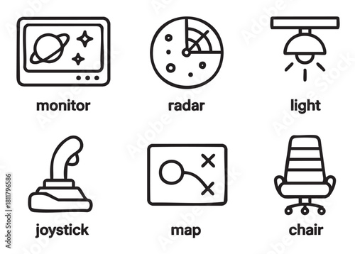 Set of six minimalist black line icons representing a command center or gaming setup, including a monitor, radar, joystick, and map