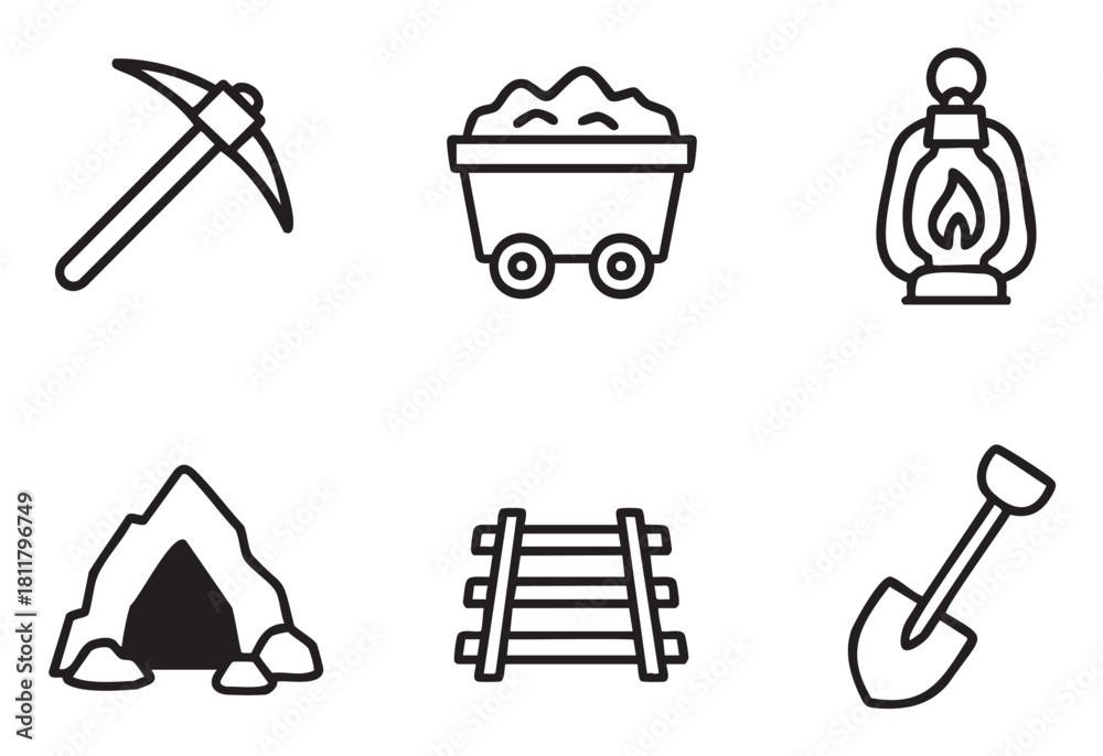 Fototapeta premium Vector graphic illustration of a mining equipment icon set with a pickaxe, cart, lantern, cave, track, and shovel, presented in a clean, minimalist line art style