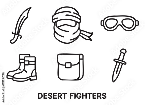 Set of black and white line icons representing military or adventure gear for a desert environment, including a scimitar, turban, goggles, boots, pouch, and dagger