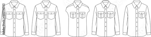 Shirt fashion technical sketches, long sleeve and short sleeve templates, garment flat drawings, vector clothing design, detailed CAD illustration for designers