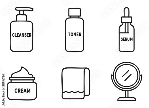 Collection of hand-drawn black line art icons illustrating a daily skincare routine with cleanser, toner, serum, cream, a towel, and a mirror, all