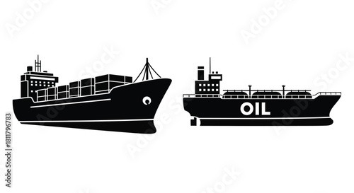 A black and white illustration of cargo and oil tanker ships at sea