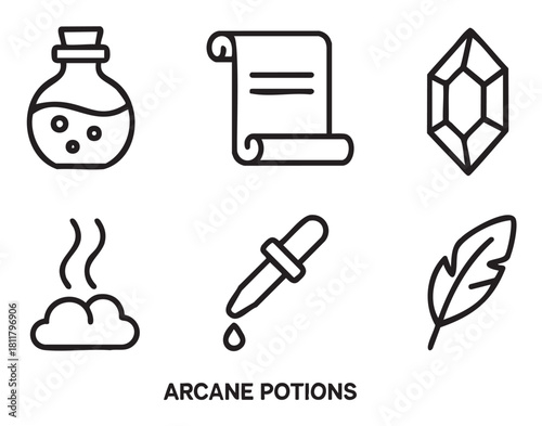 Set of minimalist black line art icons representing magical and alchemical items like potions, scrolls, and crystals