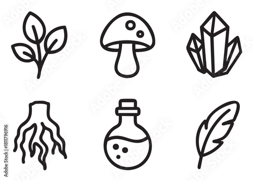 Set of six minimalist black line art icons for magic, witchcraft, and alchemy, including a plant, mushroom, crystal, root, potion, and feather