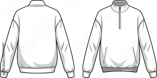 Half-zip pullover sweatshirt technical fashion flat sketch, front and back view illustration, vector apparel template for designers and clothing production