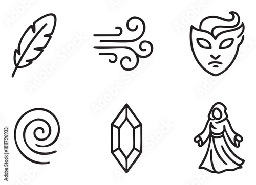 Set of six minimalist black line icons for fantasy role-playing games, featuring a feather, wind, mask, vortex, crystal, and a robed wizard