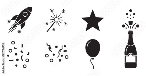 Set of minimalist black silhouette icons for parties and celebrations, featuring a rocket, star, balloon, confetti, and a popping sparkling wine bottle on a clean white backdrop