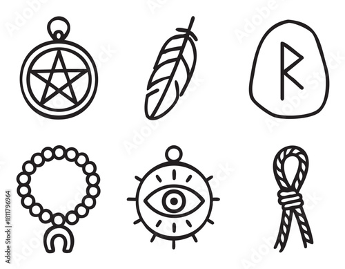 Collection of mystical and spiritual icons in a simple line art style, featuring pagan and occult symbols like a pentagram, feather, rune stone, all-seeing eye, and beaded necklace