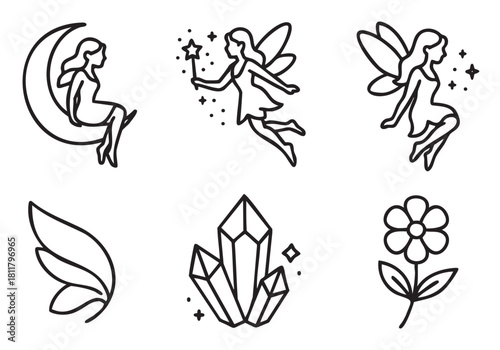 Collection of whimsical black line art icons featuring magical fairies, a crescent moon, a sparkling crystal, a simple flower, and a wing