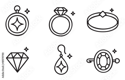Collection of minimalist black line art icons representing various types of jewelry, including a diamond ring, earring, bracelet, and pendant