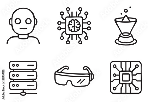 Set of black line art icons representing artificial intelligence, robotics, data servers, virtual reality, and futuristic technology concepts