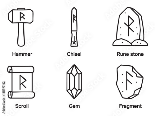 Set of six black and white line art icons depicting mythological or fantasy items like a hammer, chisel, rune stone, scroll, gem, and fragment