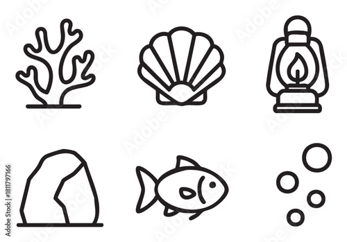 Minimalist collection of nautical and marine life icons, including a seashell, coral, fish, bubbles, a rock, and a lantern, presented in a clean black and white line art style