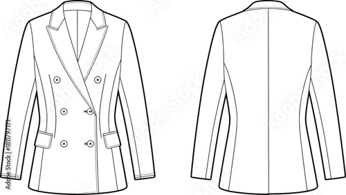 Double-breasted women’s blazer technical fashion sketch, tailored jacket design template, garment outline, cad drawing flat vector illustration for apparel designers