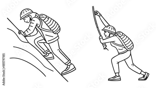 Two climbers ascending a rock face and using rope