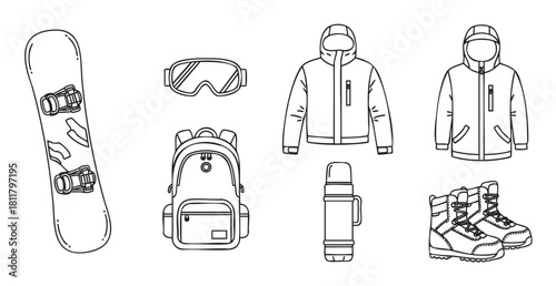Minimalist line art collection of essential snowboarding gear, including a board, goggles, winter jacket, boots, backpack, and thermos