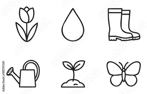 Set of simple black outline icons for gardening and spring, including a tulip, water drop, rubber boots, watering can, seedling, and butterfly
