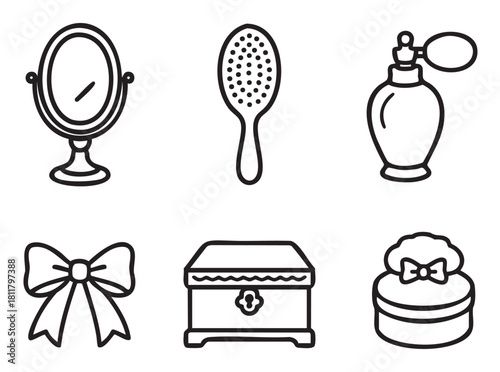 Set of six minimalist black line icons representing classic beauty and personal care items, including a vanity mirror, hairbrush, perfume atomizer, bow, and decorative boxes
