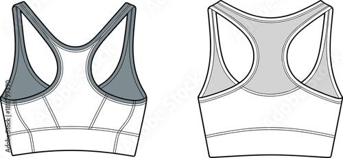 CAD drawing flat vector illustration, detailed sports bra back view technical sketch for activewear design, garment template for fashion production