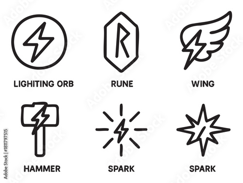 Collection of minimalist fantasy and mythology themed icons, including a thunder hammer, runic symbol, and lightning bolt power-ups