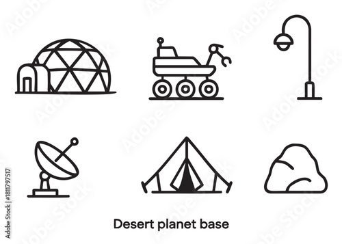 Collection of simple line art icons representing a desert planet base with a habitat, rover, tent, and satellite dish for scientific exploration