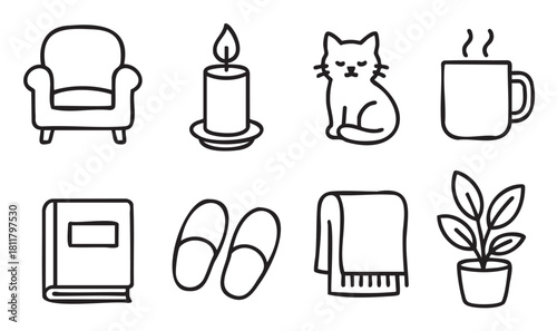 Collection of hand-drawn black and white icons representing a cozy home life, including a cat, book, candle, and warm drink, illustrating the concept of hygge and relaxation