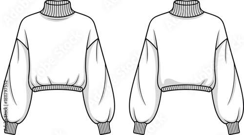 Cozy turtleneck sweater CAD drawing flat vector illustration, fashion garment sketch, long sleeve pullover design, apparel template for designers