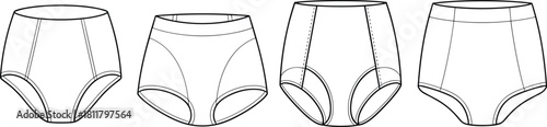 High waist women underwear technical flat sketch, lingerie garment template, fashion CAD outline, detailed seam lines, cad drawing flat vector illustration