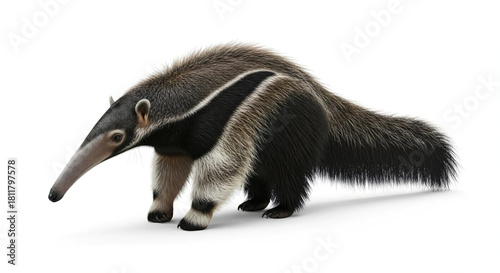 Giant Anteater (Myrmecophaga tridactyla) with Long Fur on Isolated White Background