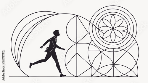 Silhouette man running with geometric shapes art