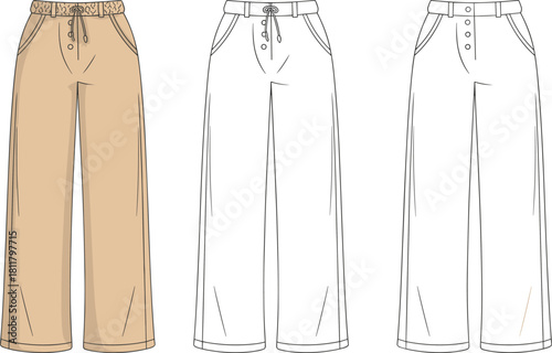 CAD drawing, flat vector illustration of wide leg pants with button fly and drawstring waist, fashion technical sketch apparel design template