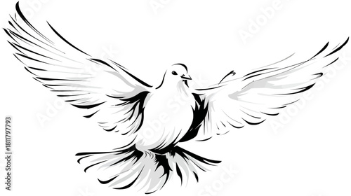 Graceful White Dove in Flight, Black and White Hand-Drawn Illustration, Symbolizing Peace, Purity, and Freedom